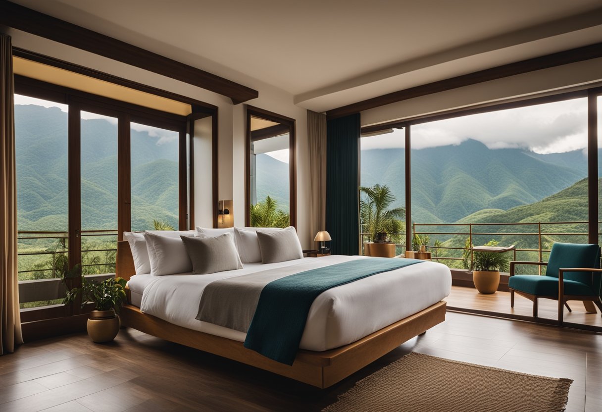 A cozy hotel room in Pamplona, Colombia, with a comfortable bed, traditional decor, and a view of the lush green mountains