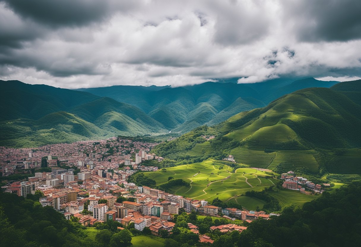 A scenic view of Pamplona, Colombia with lush green mountains, a winding river, and colorful buildings nestled in the valley