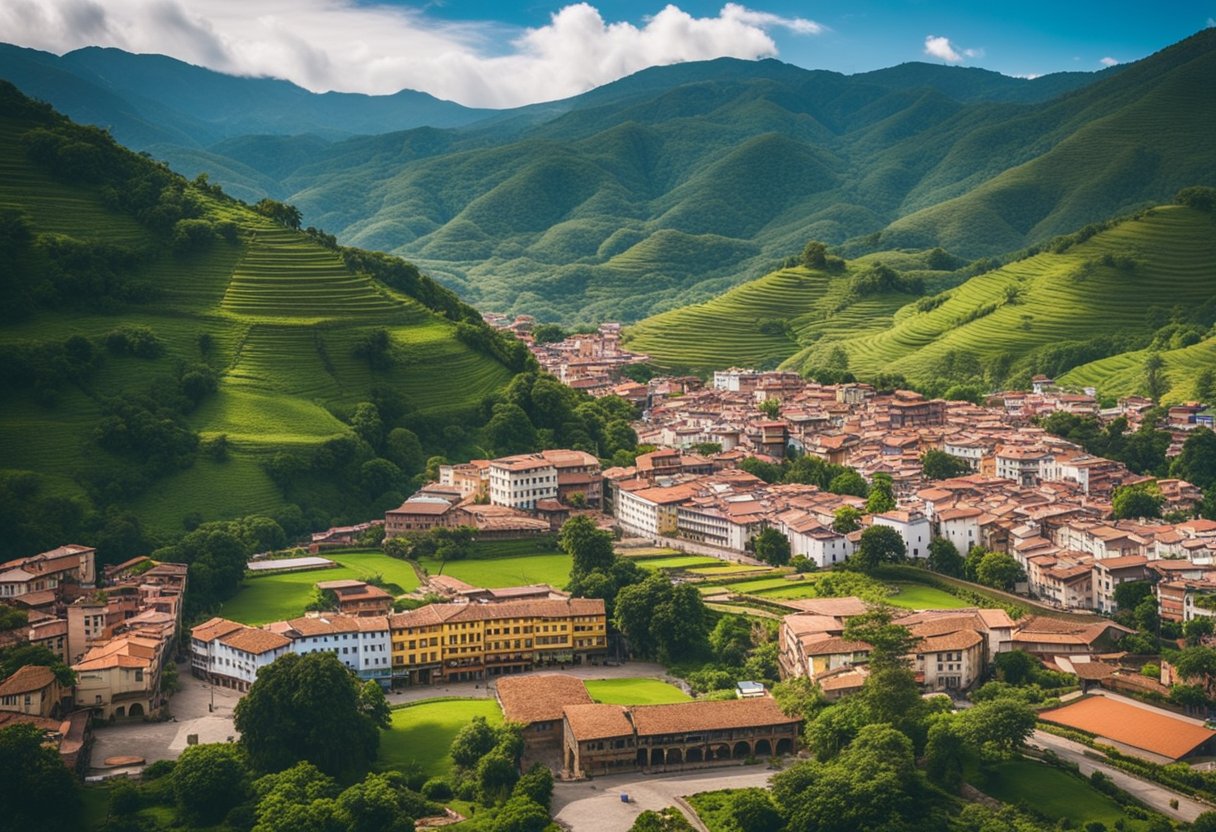 A serene landscape of Pamplona, Norte de Santander, Colombia with lush green mountains, a winding river, and colorful colonial buildings