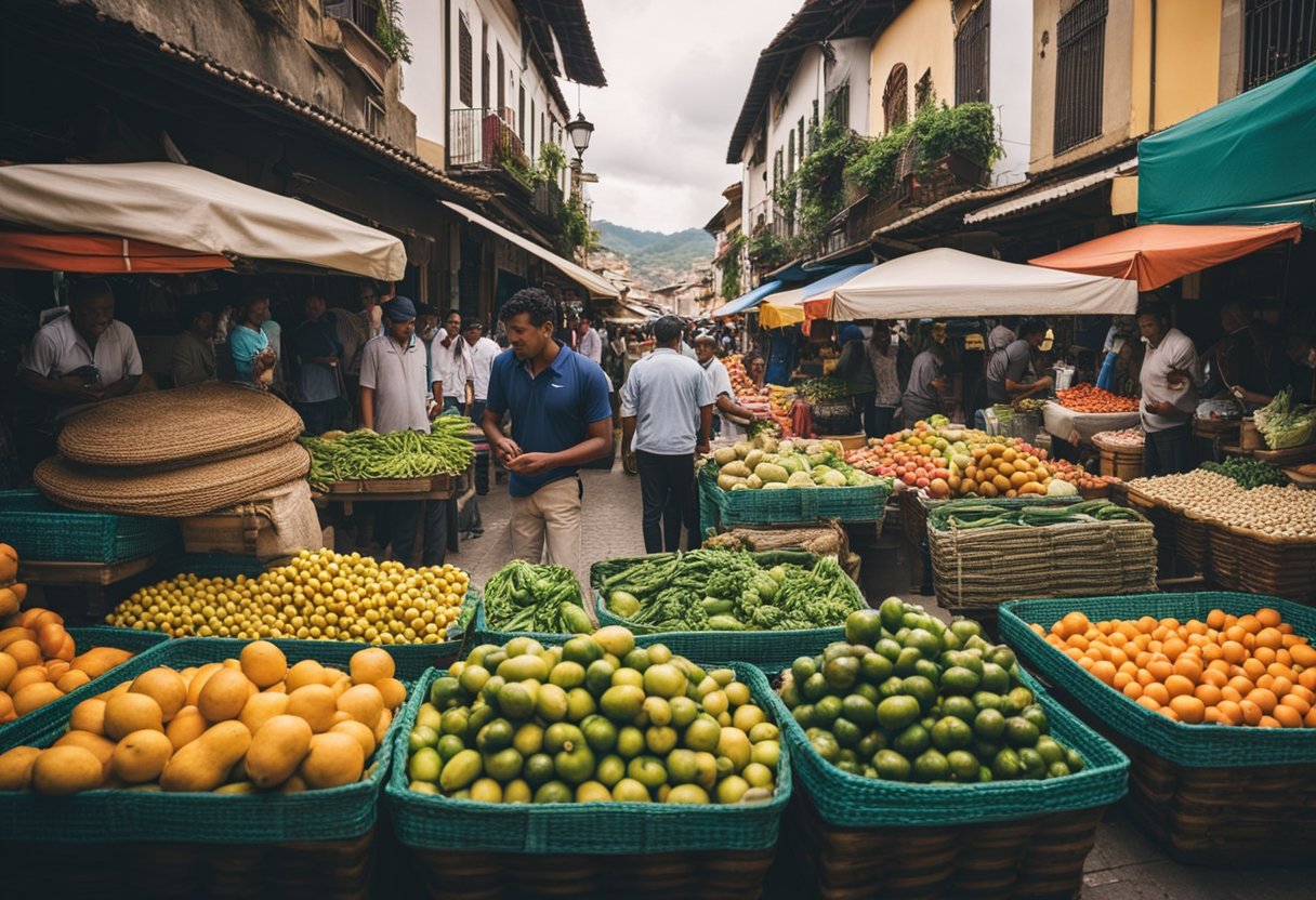 A bustling market in Pamplona, Colombia. Colorful stalls line the streets, selling fresh produce and handmade crafts. The vibrant atmosphere is filled with the sounds of chatter and laughter