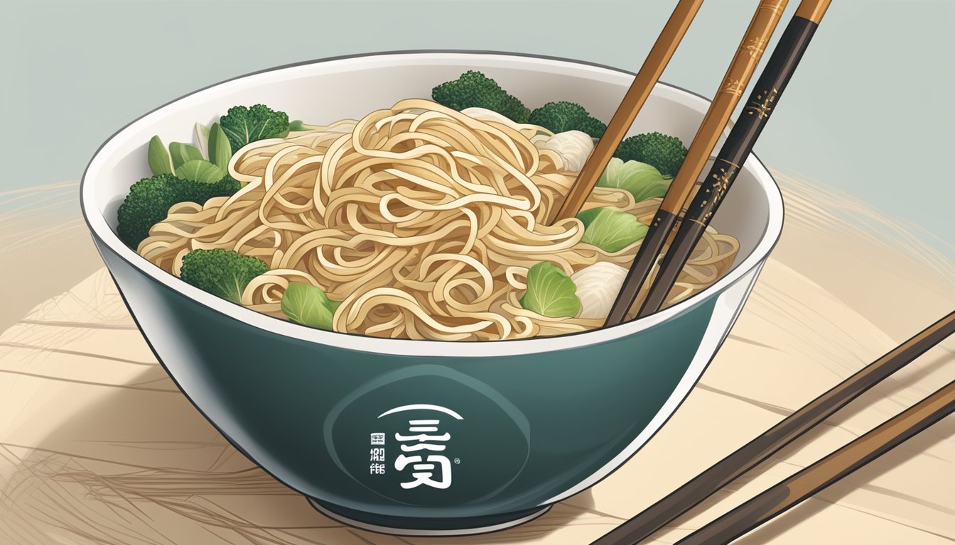 A steaming bowl of noodles with the brand name prominently displayed on the packaging, surrounded by chopsticks and a decorative garnish