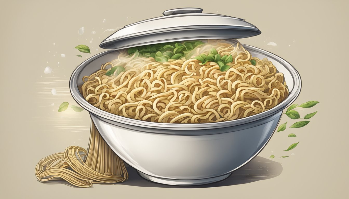 A steaming bowl of noodles emerges from a pot, with the brand name "The Rise of Noodles" prominently displayed on the packaging