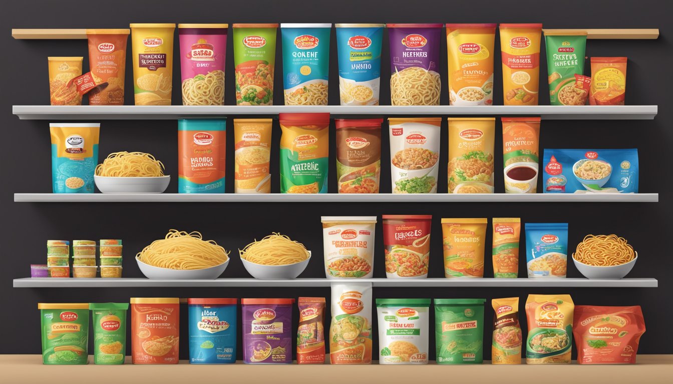 A variety of top noodle brands arranged on a shelf, with colorful packaging and bold brand names