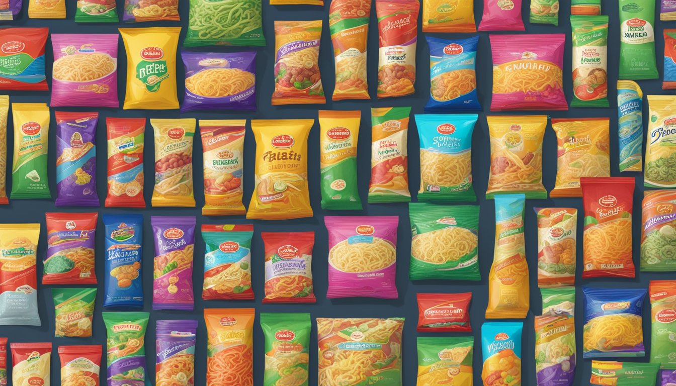 A table filled with colorful noodle packages, each displaying the brand name "Varieties and Flavours."