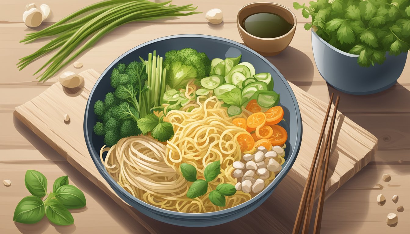 A steaming bowl of Health and Nutrition noodles sits on a wooden table, surrounded by fresh vegetables and herbs. The brand name is prominently displayed on the packaging