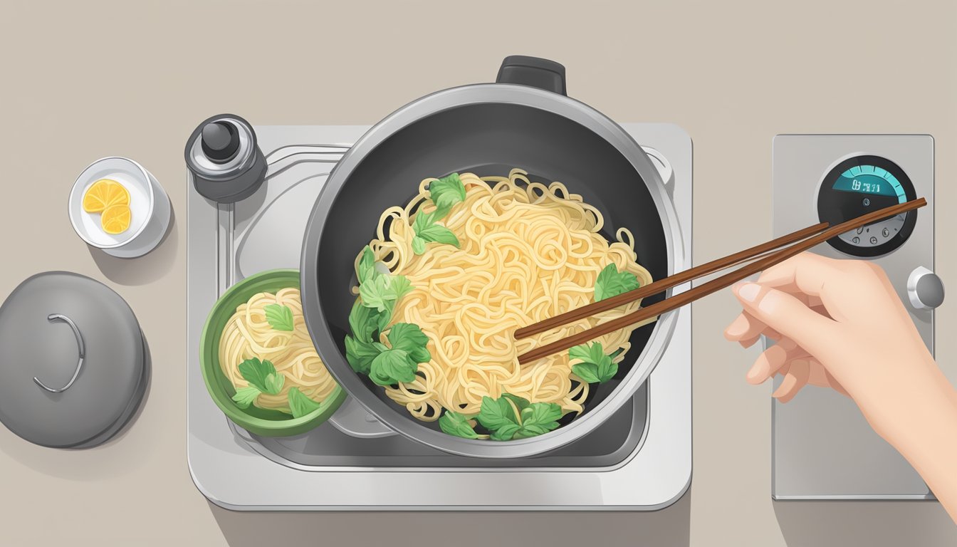 A pot of boiling water with a packet of noodles being added, a timer set, and a pair of chopsticks ready for stirring