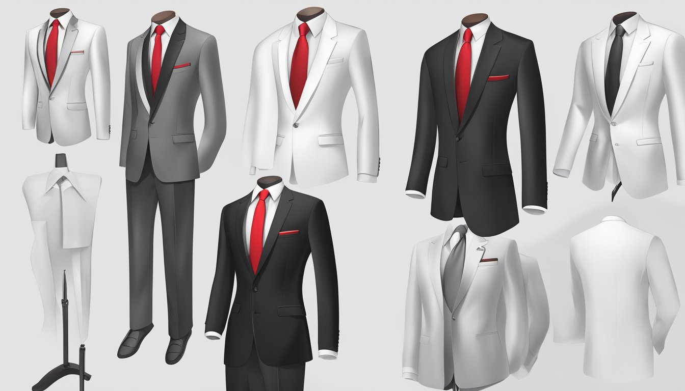 A mannequin displays a sleek black suit with a crisp white shirt and a bold red tie, representing the sophisticated and modern style of Occasion clothing brand
