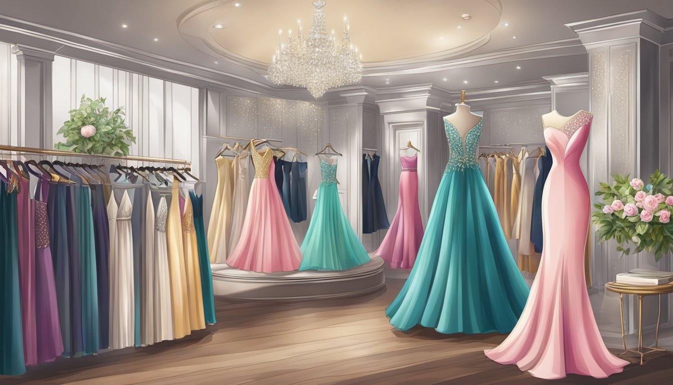A rack of elegant dresses and suits, adorned with shimmering embellishments and luxurious fabrics, displayed in a sophisticated boutique setting