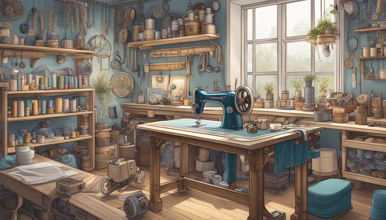 A well-lit workshop with a cluttered workbench, spools of luxurious fabric, and a sewing machine surrounded by intricate patterns and design sketches