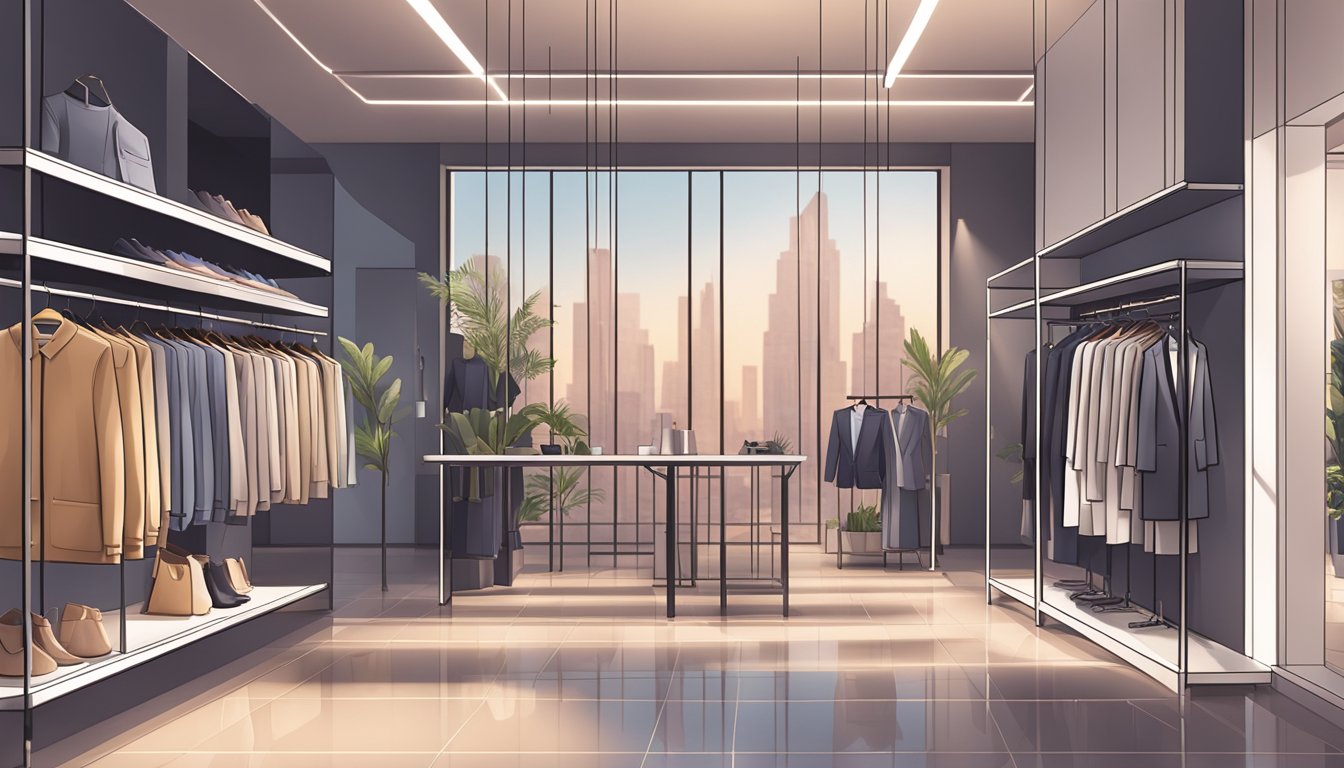 A sleek, modern clothing store with racks of elegant dresses and suits, soft lighting, and a minimalist aesthetic