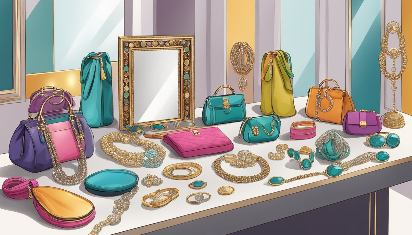 A table displays a variety of accessories - jewelry, scarves, and handbags - arranged neatly with a mirror in the background