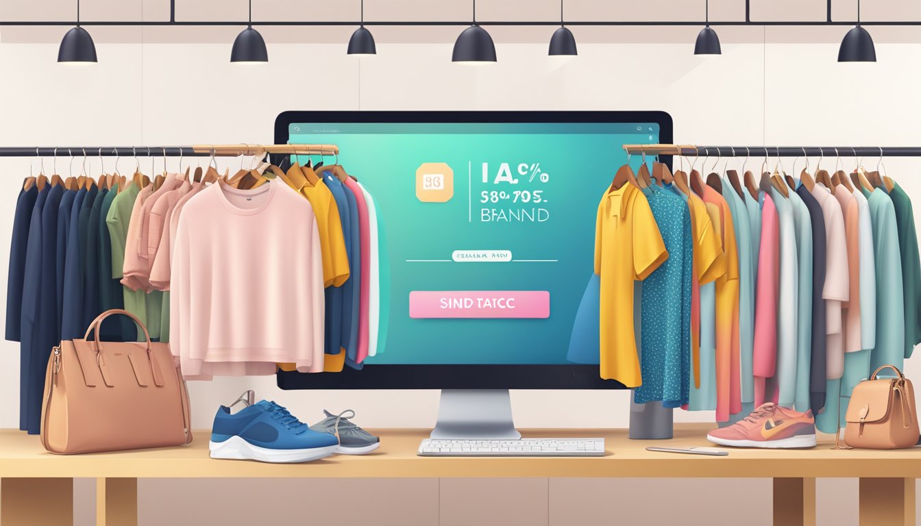A computer screen displaying various online clothing brands with discount tags and affordable fashion items