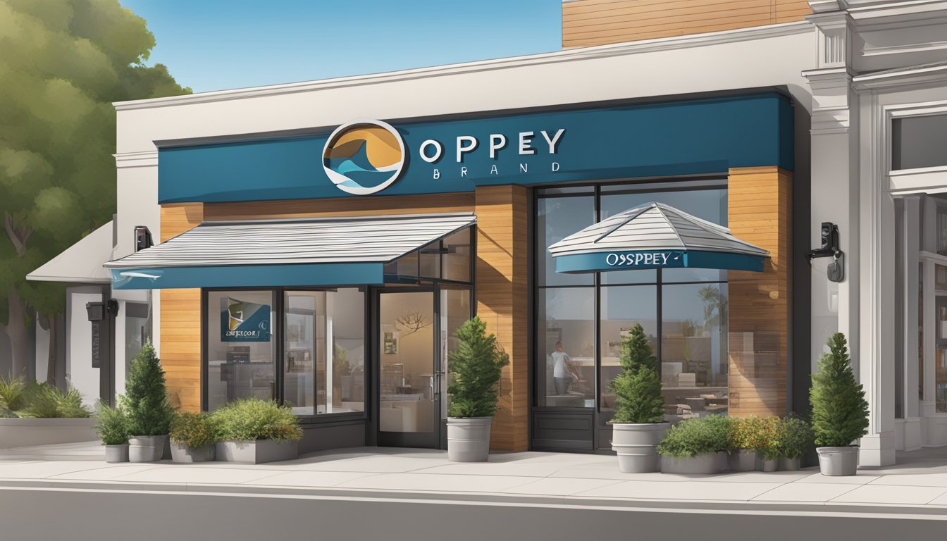 An osprey brand logo displayed prominently on a sleek, modern storefront. Bright colors and bold lettering catch the eye