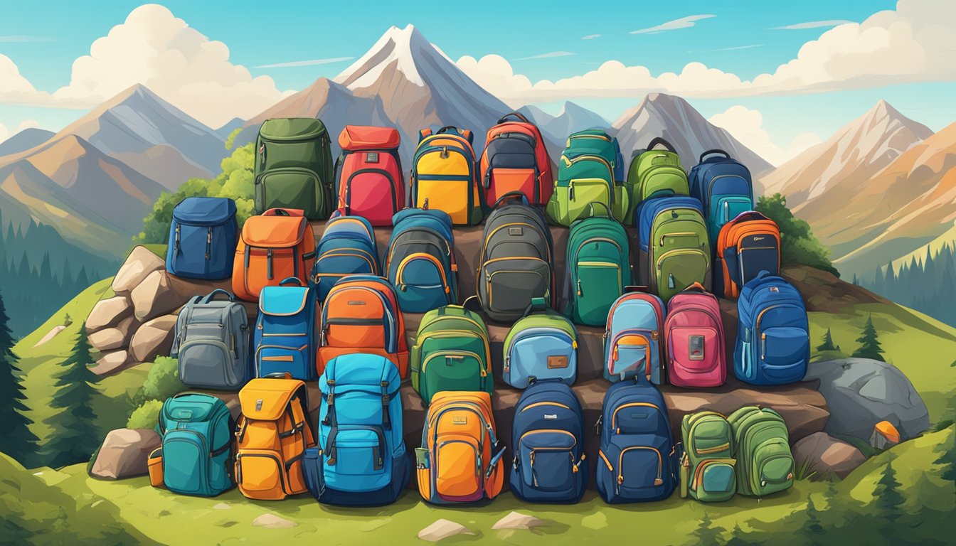 A colorful array of outdoor backpack brands displayed on a rugged mountain terrain, with a clear blue sky and lush greenery in the background