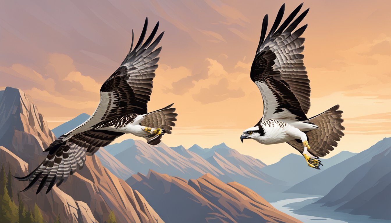 A majestic osprey soars through a rugged mountain landscape, embodying the brand's heritage and values of strength, freedom, and resilience