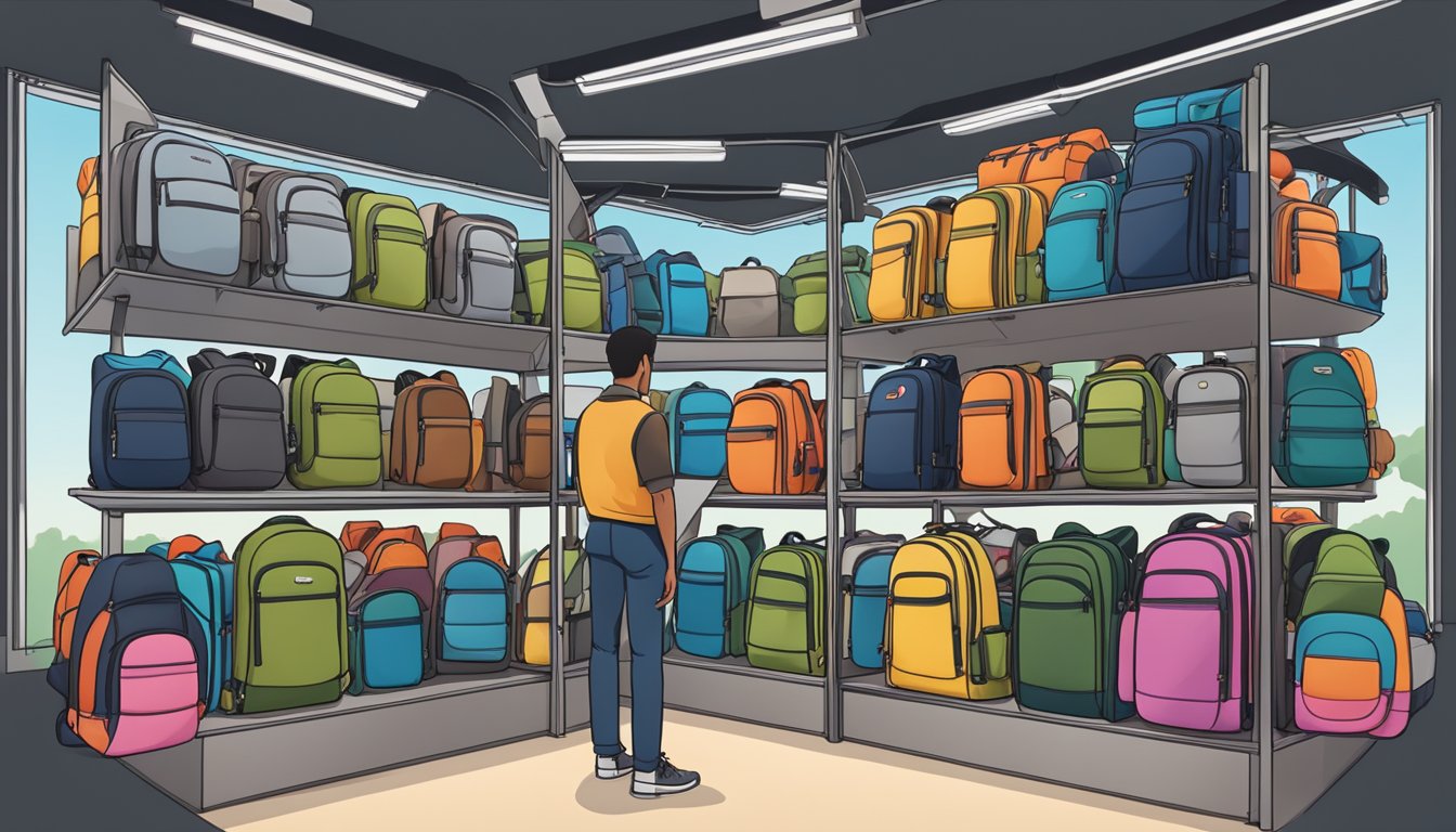 A person standing in front of a display of various outdoor backpack brands, carefully examining the features and design of each one before making a decision