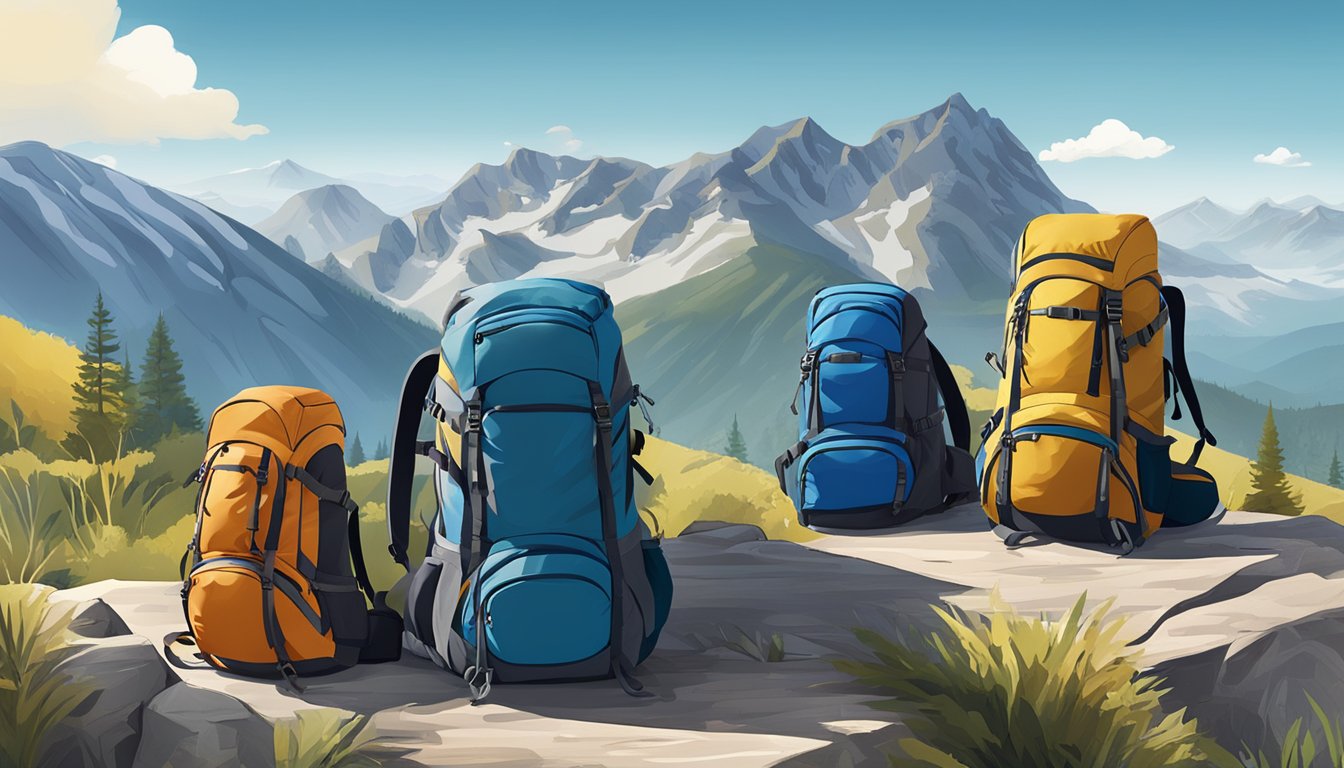 A variety of top outdoor backpack brands displayed on a rugged mountain terrain with a clear blue sky in the background