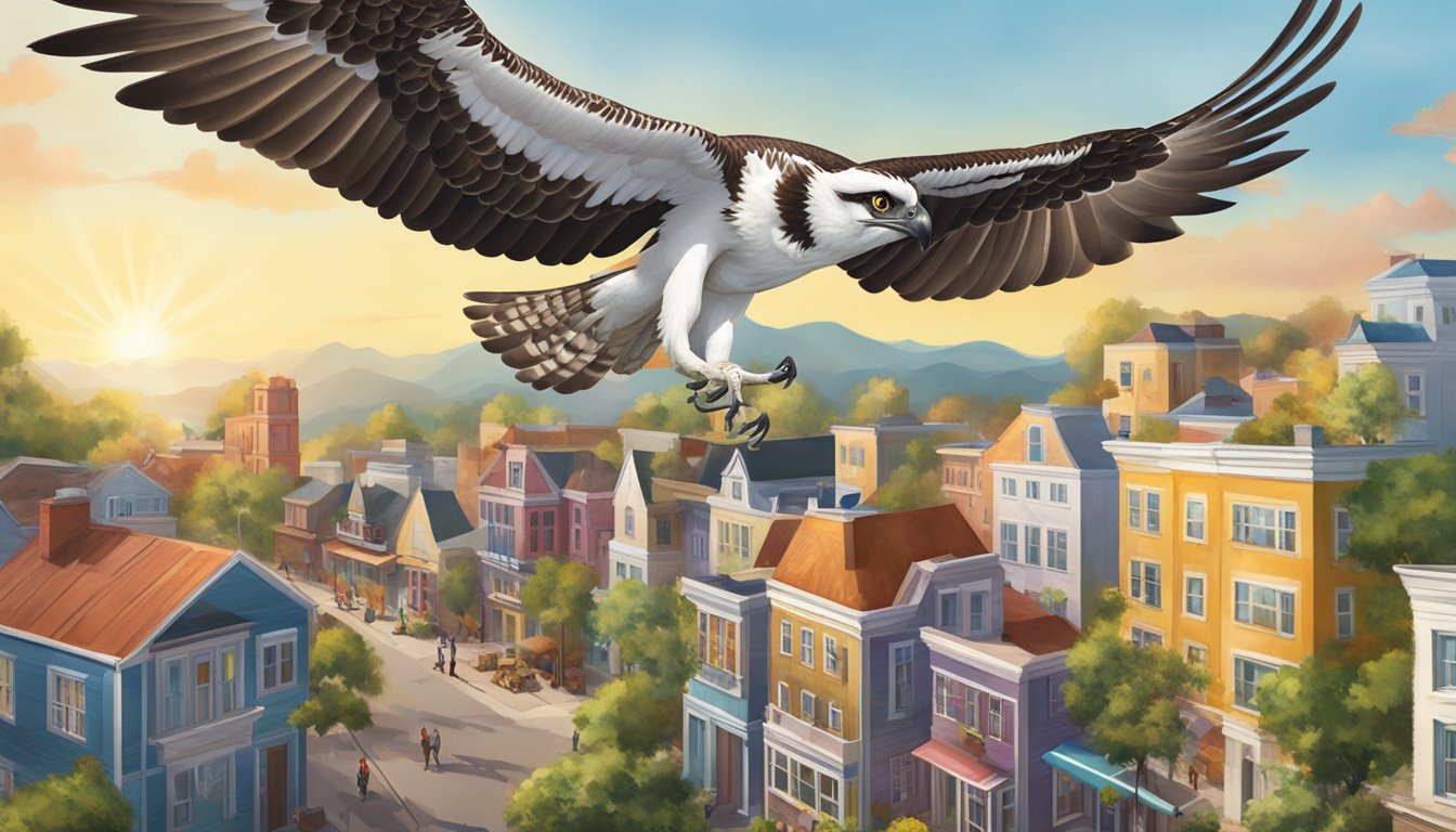 An osprey flies over a vibrant community, with the brand's logo prominently displayed on buildings and banners