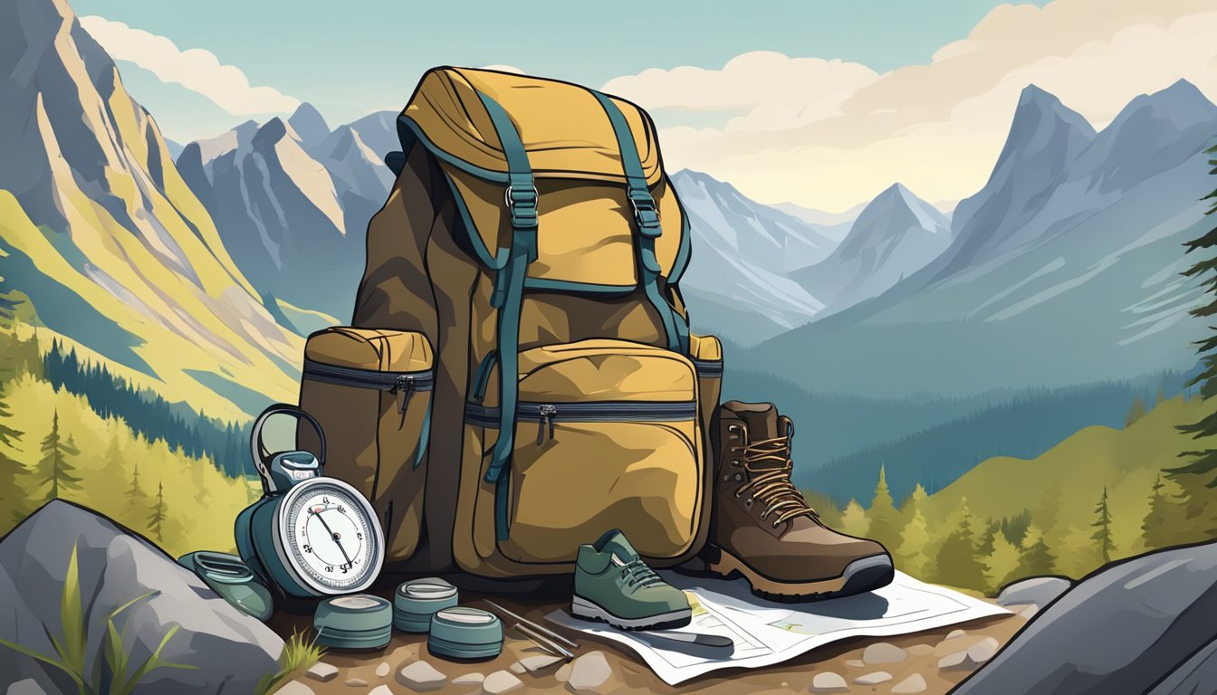 A backpack filled with camping gear, a sturdy pair of hiking boots, a map, and a compass laid out on a rocky trail with a mountain range in the background