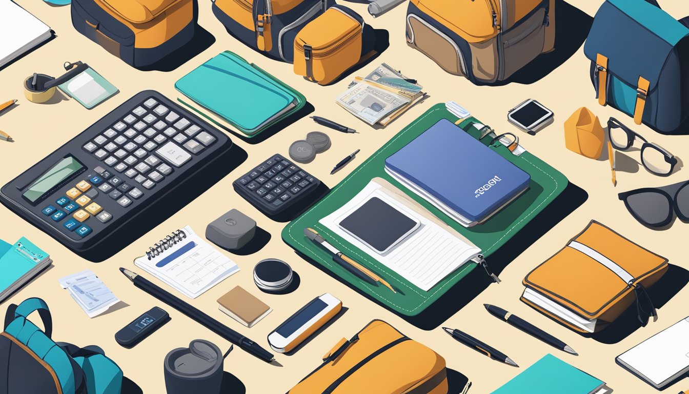 A table with various outdoor backpack brands displayed, surrounded by budgeting tools like a calculator, notepad, and pen
