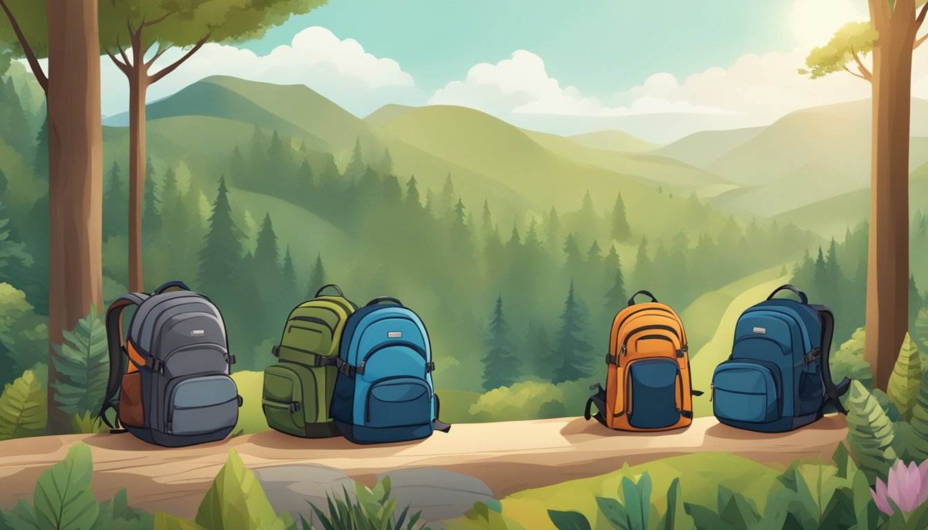 A group of backpacks displayed against a natural outdoor backdrop, with a sign reading "Frequently Asked Questions outdoor backpack brands" above them