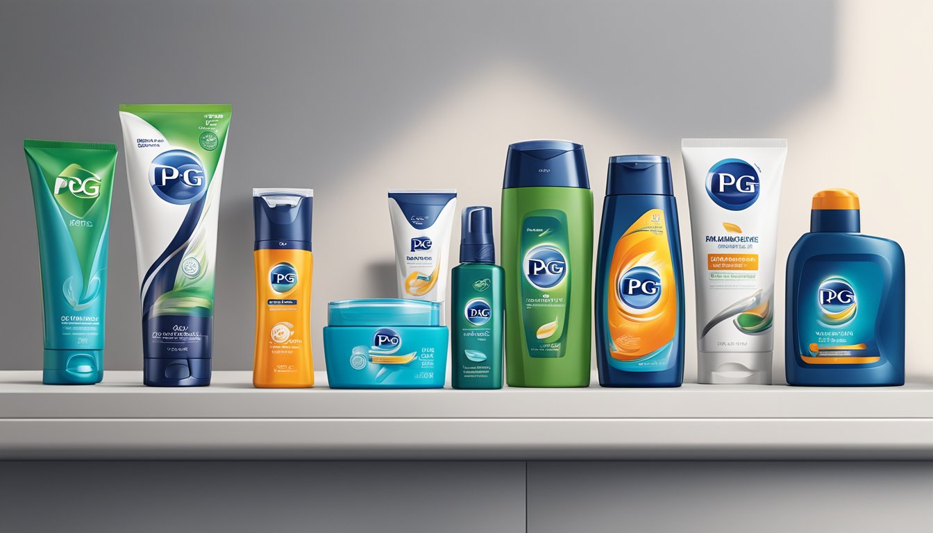 A collection of P&G shaving brands displayed on a clean, modern countertop with sleek packaging and bold branding