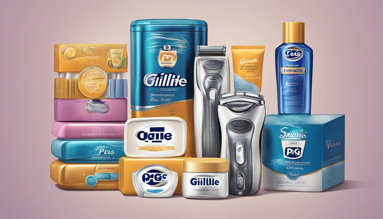 A display of vintage P&G shaving products, including Gillette and Venus razors, with iconic packaging and logos