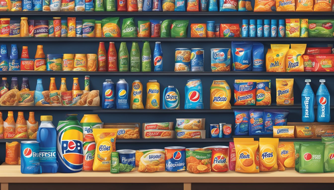 A table with various PepsiCo brand products arranged in an organized display. The iconic logos and packaging are prominently featured