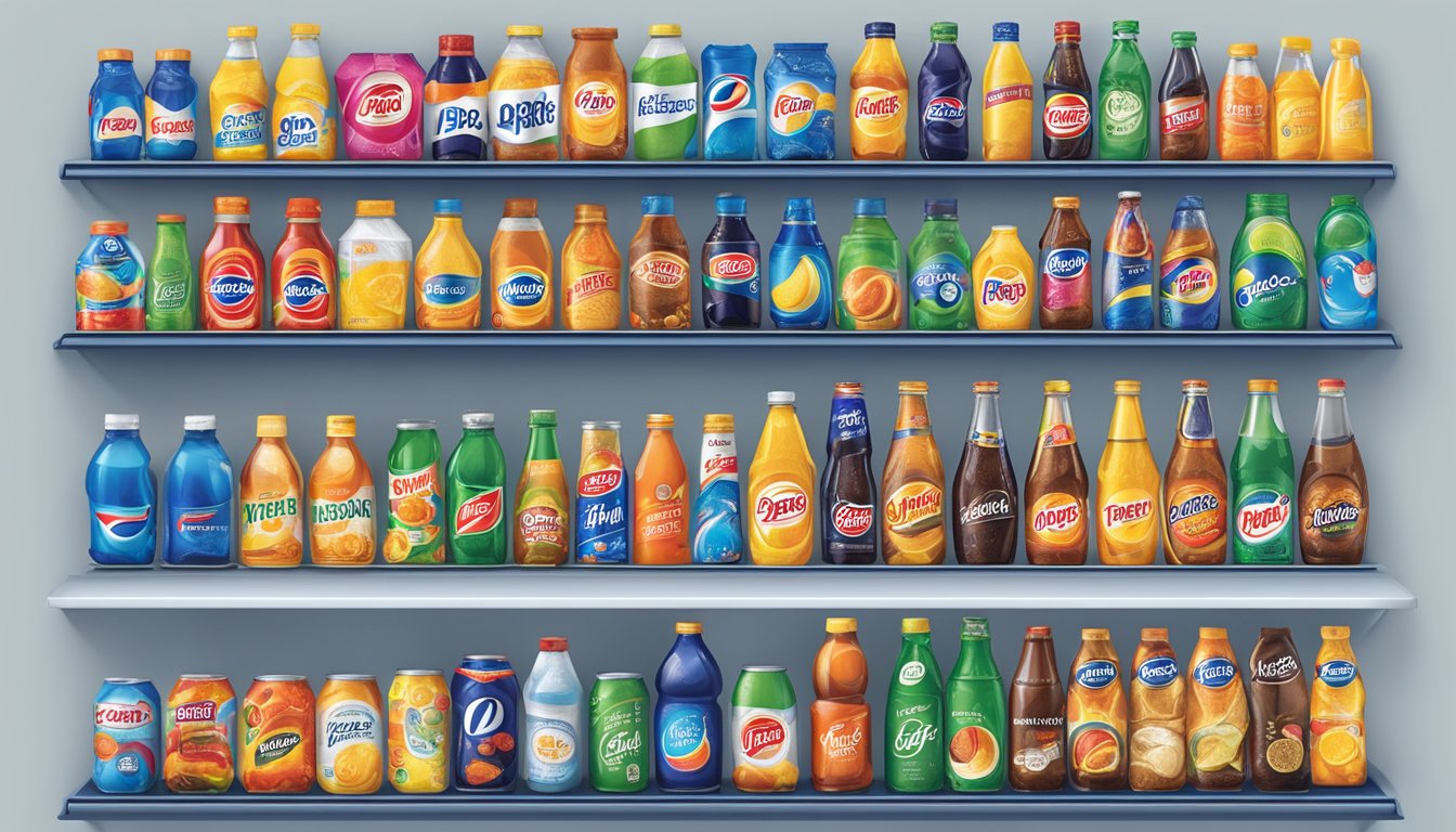 A display of various PepsiCo beverage brands arranged neatly on a shelf, with colorful and eye-catching packaging