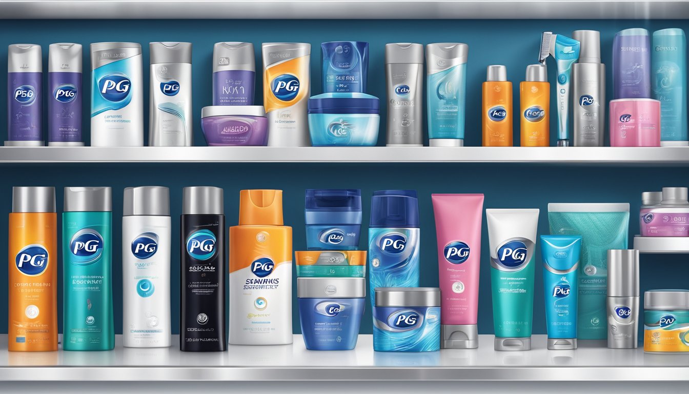 A collection of P&G shaving products displayed on a sleek, modern shelf with the brand's logo prominently featured. The products are arranged neatly, conveying a sense of innovation and trustworthiness to the consumer