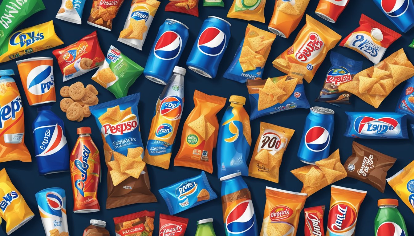 A table covered with various PepsiCo brand snacks and drinks. Pepsi, Lay's, Doritos, Tropicana, and Quaker products are arranged neatly for display