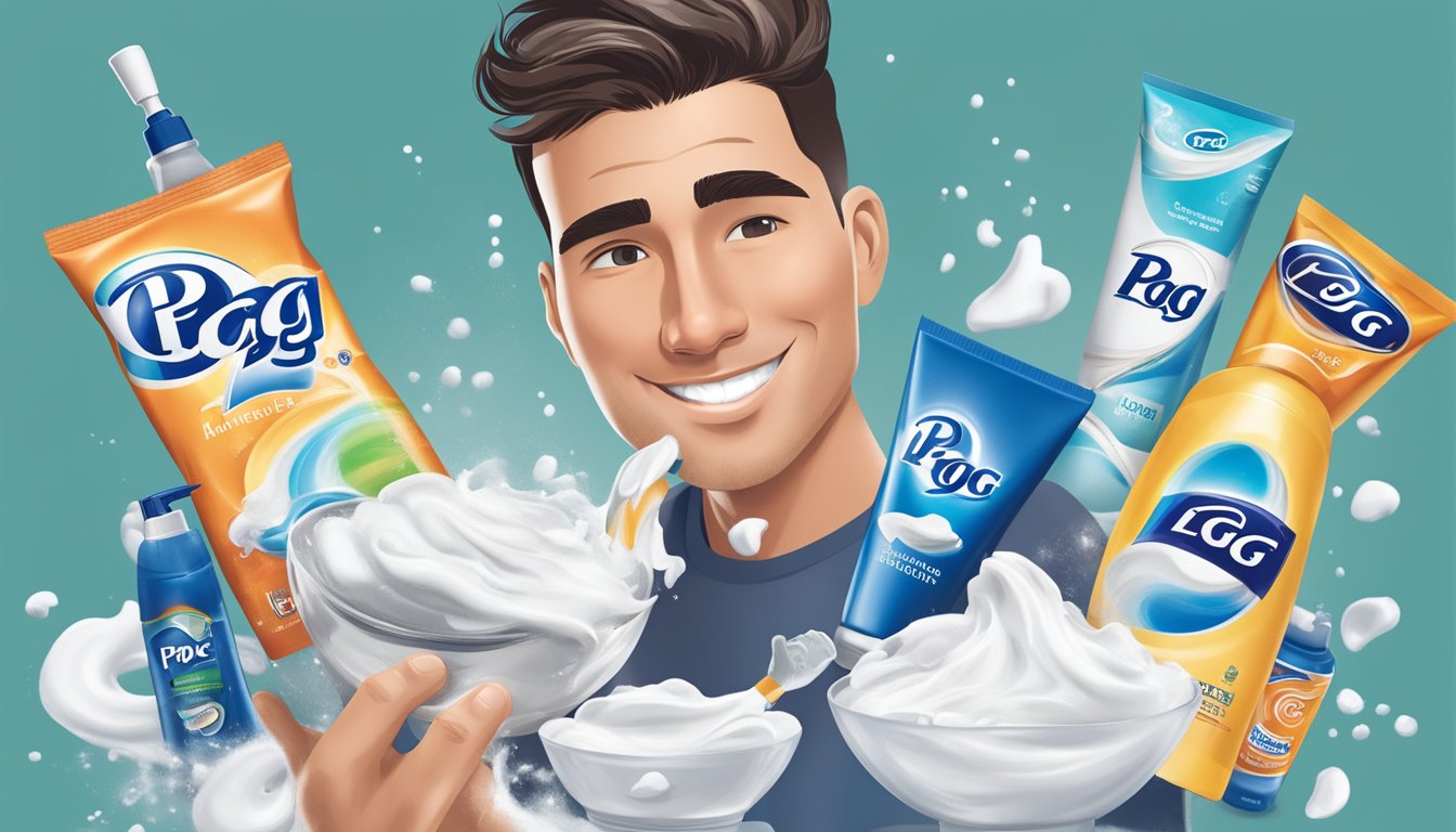 A man lathers shaving cream on his face, while P&G shaving brands are displayed in the background with engaging marketing materials