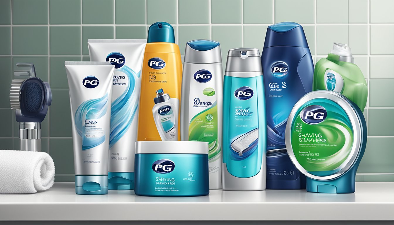 A variety of P&G shaving products arranged on a clean, modern bathroom countertop