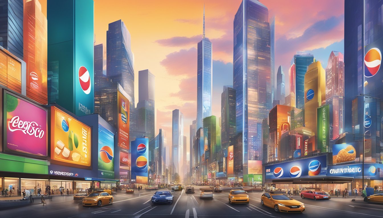 A bustling city skyline with PepsiCo brands prominently displayed on towering billboards. The atmosphere is vibrant, modern, and full of energy, symbolizing innovation and growth