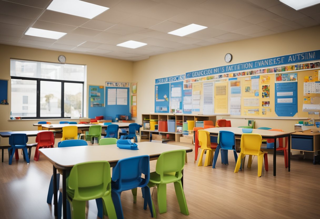 A classroom with colorful posters and educational materials about autism awareness. Tables and chairs arranged for group activities