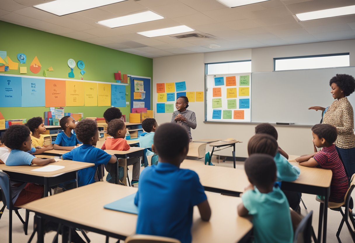 A classroom with colorful posters about autism awareness, children engaged in activities, and a teacher leading a discussion