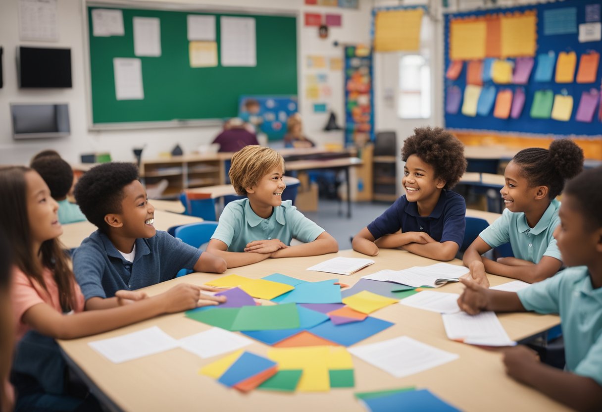 A classroom with colorful posters and educational materials on autism awareness. A teacher leads a discussion with engaged students