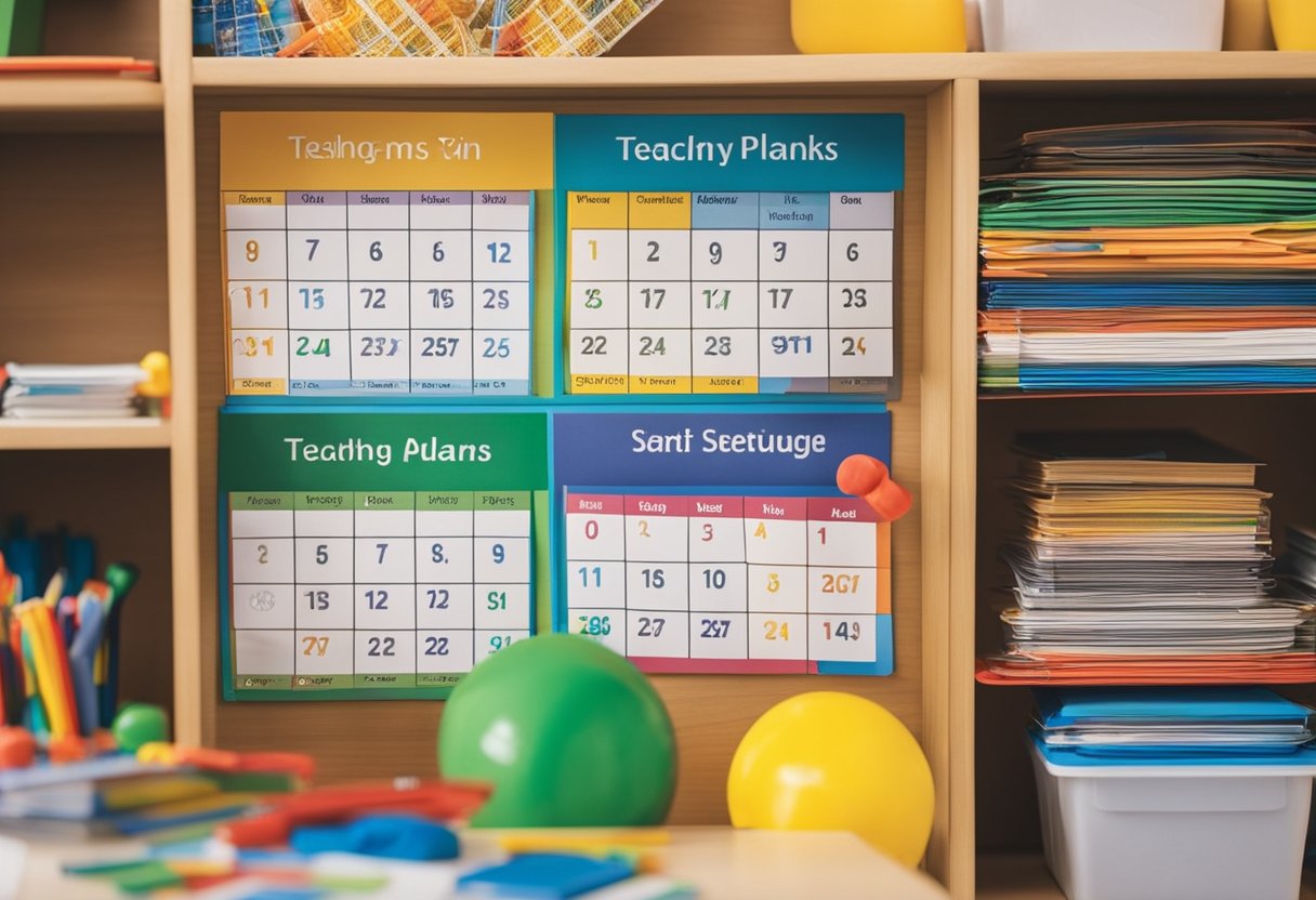 A classroom filled with colorful educational materials and sensory-friendly tools, with a calendar marking World Autism Awareness Day and lesson plans for teaching strategies for autism