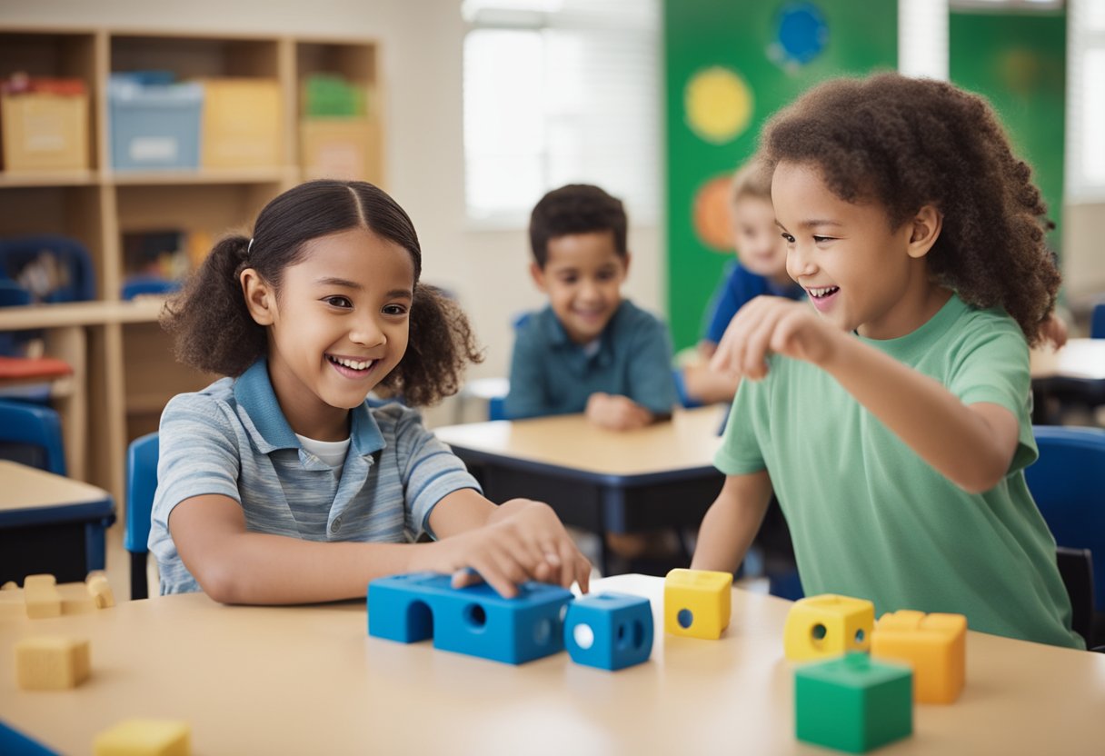 Children playing and interacting in a classroom setting. Visual aids and sensory activities incorporated to support understanding and empathy for individuals with autism