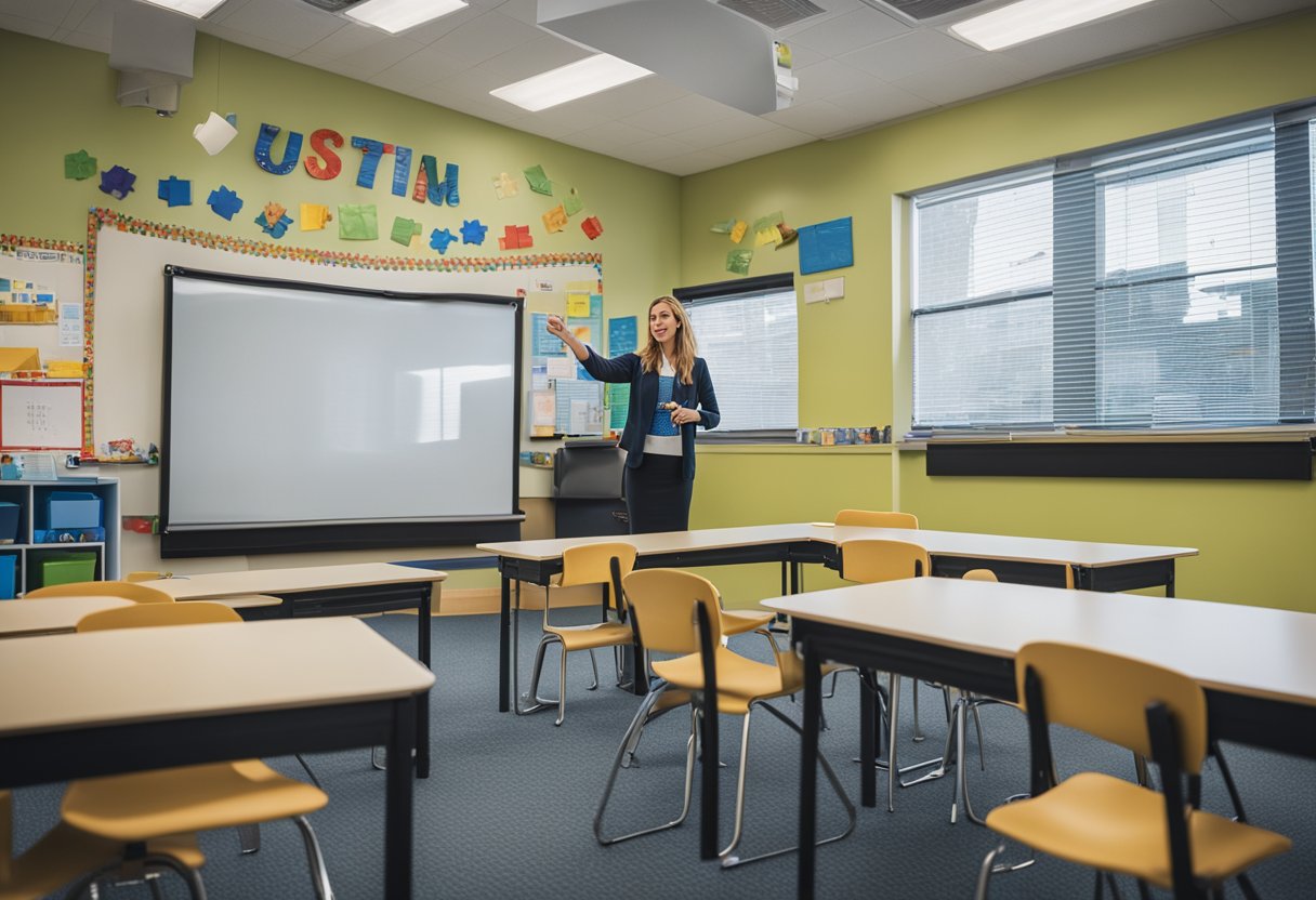 A classroom with diverse communication tools, visuals, and interactive activities for Autism Awareness Day lesson