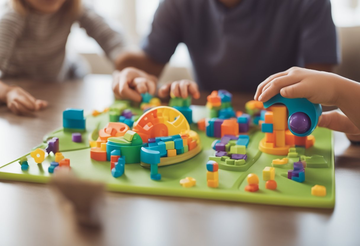 Children playing with sensory toys, engaging in group activities, and learning about autism awareness through interactive games and educational materials