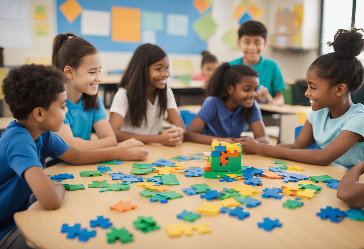 A classroom setting with diverse students engaged in activities related to Autism Awareness Day. Books, puzzles, and supportive materials are visible