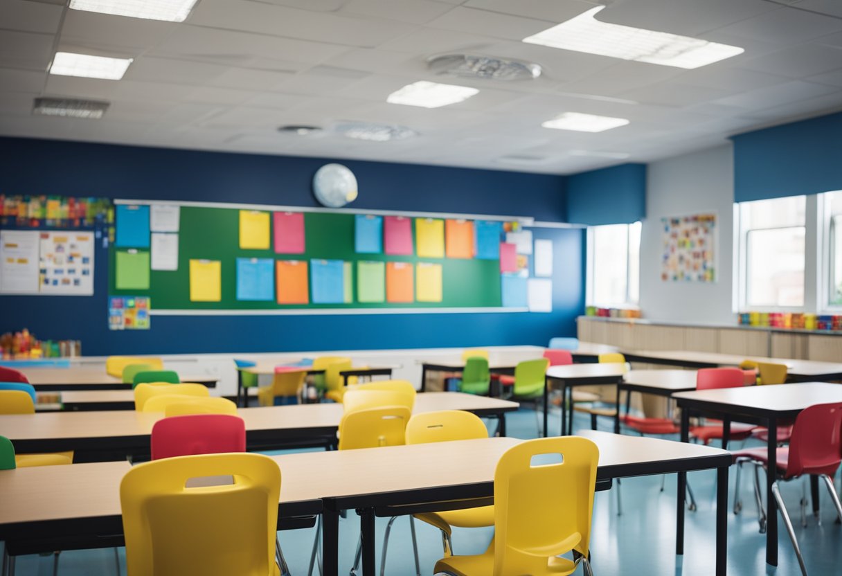 A classroom with colorful posters and educational materials about autism awareness. Tables and chairs arranged for group activities