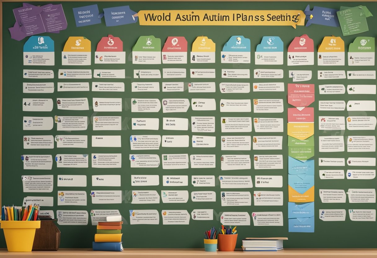 A classroom setting with 10 lesson plans displayed on a board, surrounded by symbols and images representing World Autism Awareness Day