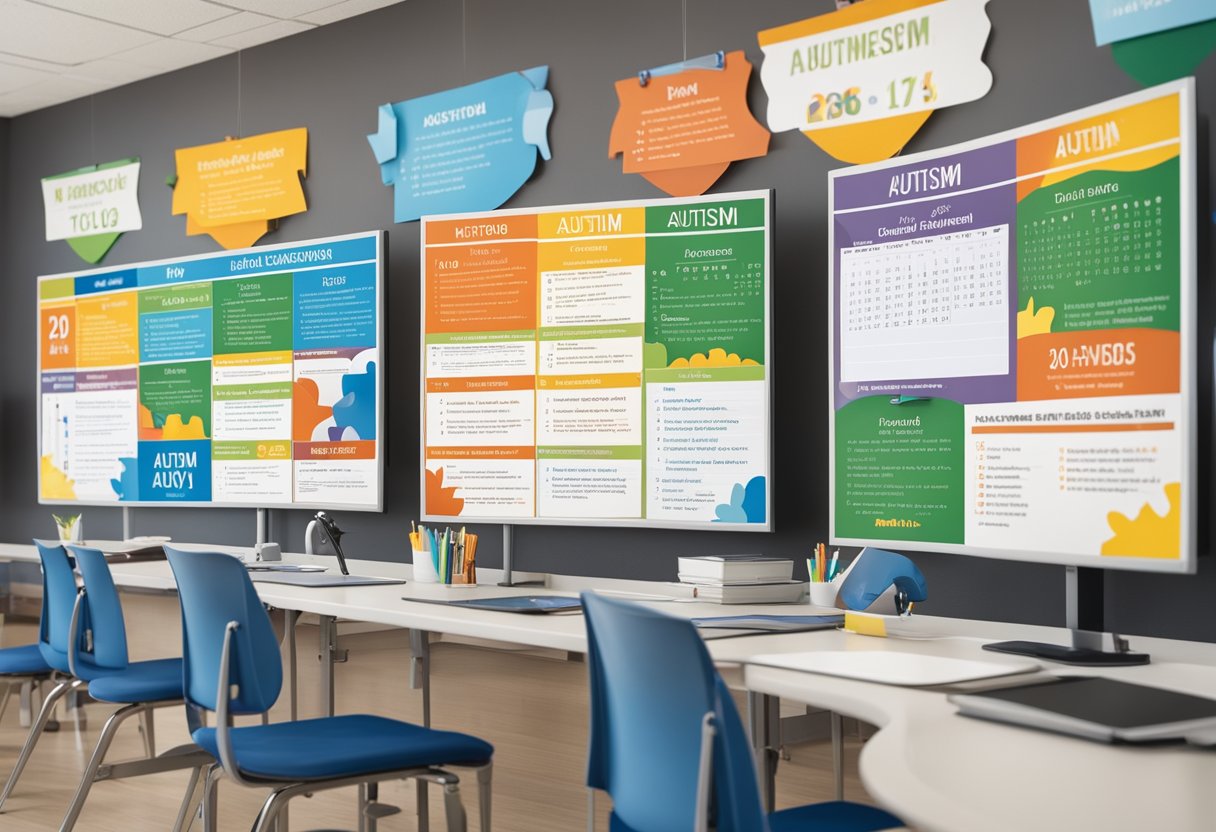 A classroom with colorful posters and educational materials about autism awareness. Desk with lesson plans and a calendar marking World Autism Awareness Day