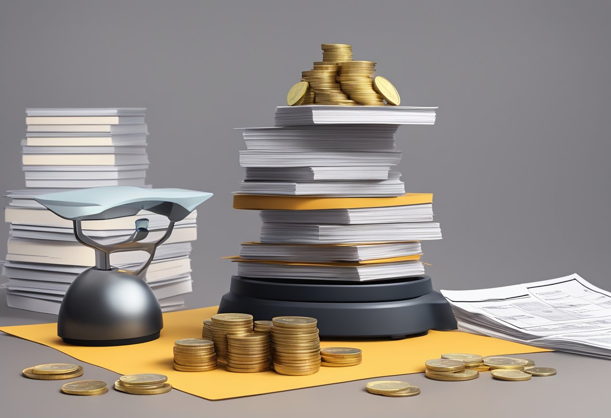 A scale tipping in favor of Pricelabs, with a stack of coins on one side and a pile of documents on the other