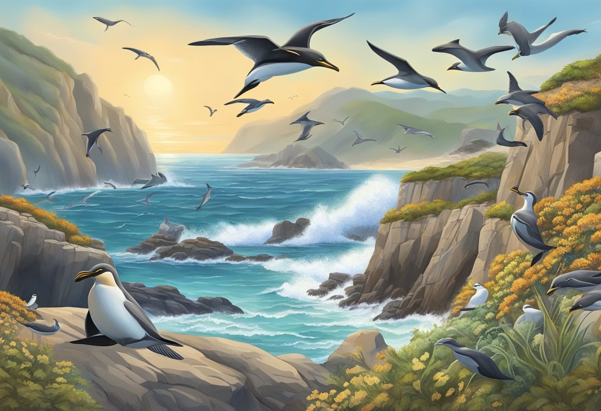 Seabirds nesting on rocky cliffs, sea lions basking on sun-warmed rocks, and dolphins playing in the surf along the rugged coastline