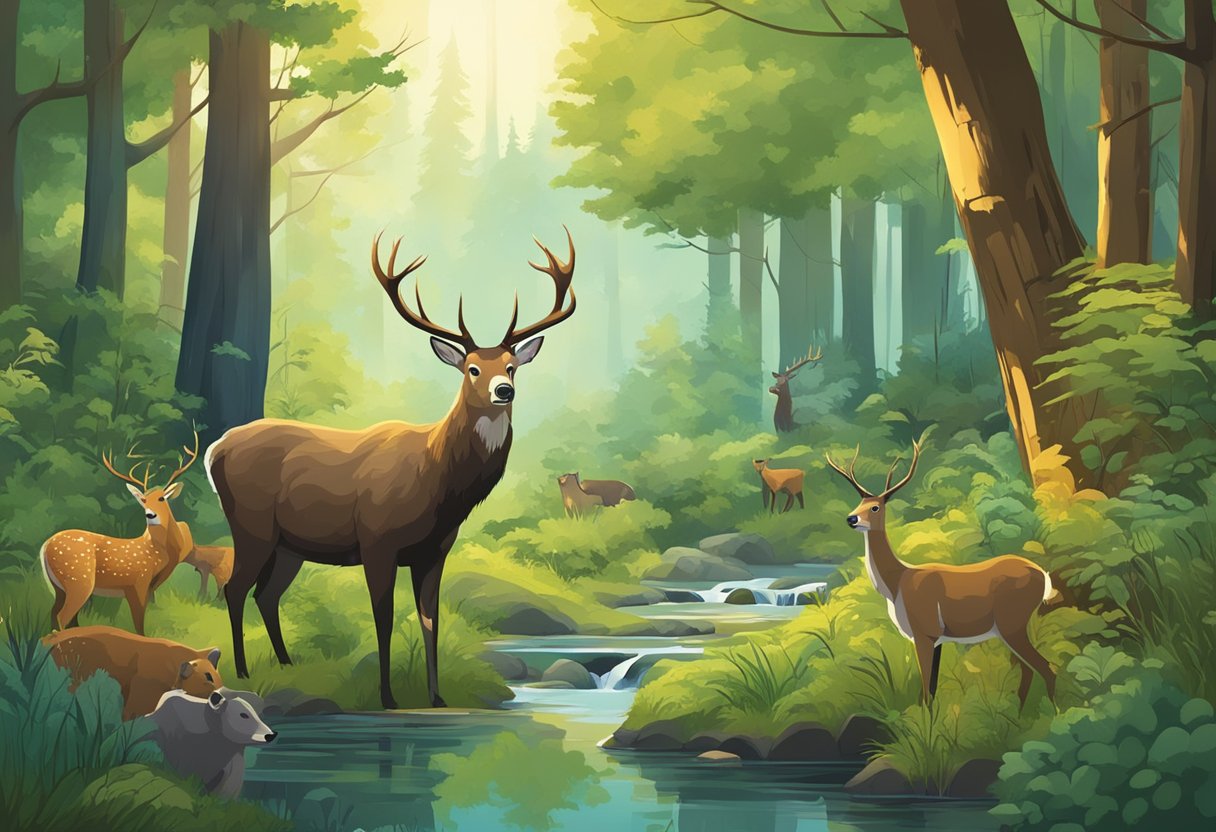 Lush forest with diverse wildlife, including deer, bears, and birds. Clear streams and vibrant foliage