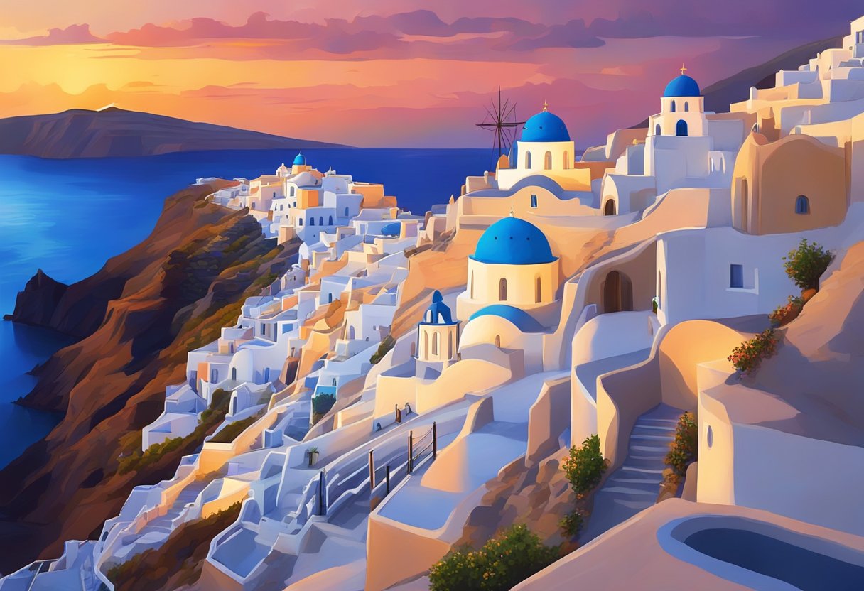 A vibrant sunset illuminates the white-washed buildings of Santorini, casting a warm glow over the Aegean Sea and creating a breathtaking, magical scene