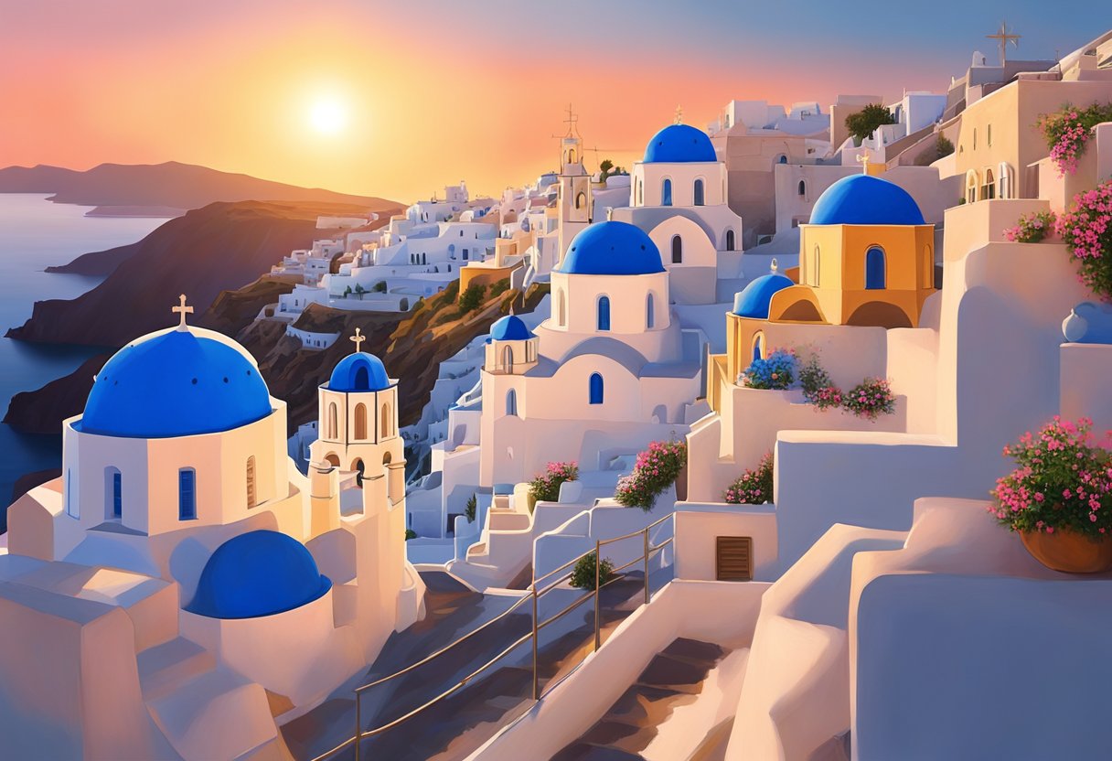 The sun dips below the horizon, casting a warm glow over the whitewashed buildings and blue-domed churches of Santorini. The sky is painted in shades of pink, orange, and gold, creating a breathtaking sunset spectacle